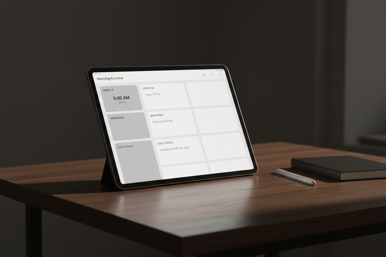 ipad mockup of a digital planner, the pic that is visible can be a morning routine, the desk is dark and the whole photo with background and everything should be a little bit darker